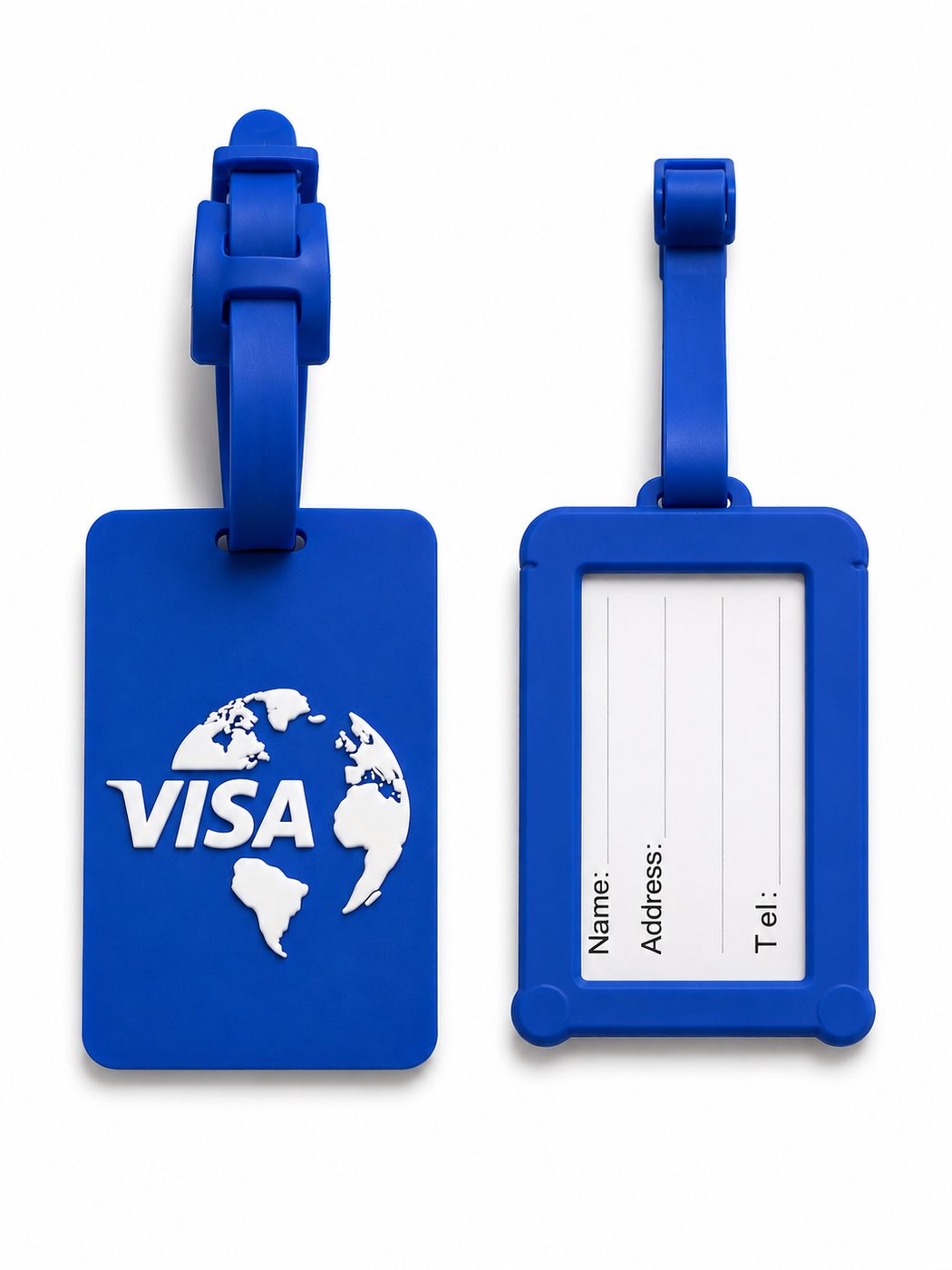 Visa blue luggage tag showing front and name-and-address reverse